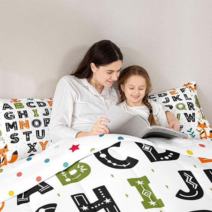 Feelyou Educational Nursery Art Comforter Set Twin Size Alphabet Kids ABC Learning Bedding Set for Kids Boys Girls Cute Fox Duvet Quilt Woodland Animals Bedroom Decor 2 Pcs with 1 Pillow Cases