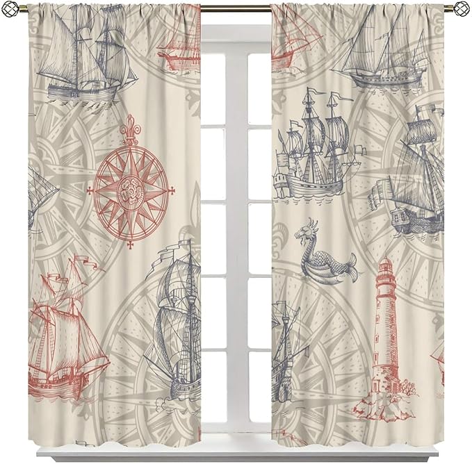 Abstract Nautical Curtain Set, 2 Panels, 42"W x 54"L, Yellow Polyester, Rod Pocket, Contemporary Ocean Theme, Bathroom, Indoor