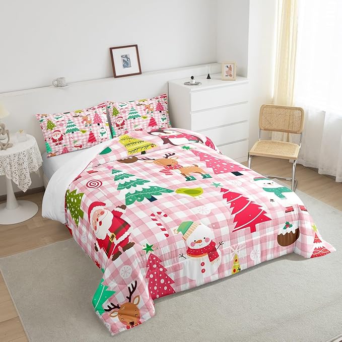 Castle Fairy Merry Christmas Kids Comforter Set King Size,Cartoon Xmas Style Cute Animals Bedding Set All Season Quilt Set,Santa Claus Pine Trees Pink Checkered Microfiber Polyester Down Comforter