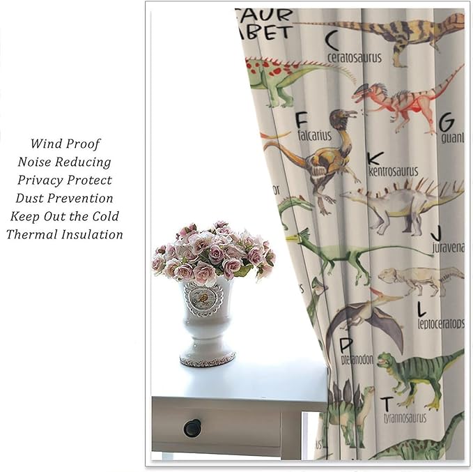 Dinosaur Curtains Cartoon Dino ABC Alphabet Pattern Educational Learning Theme Curtain with Rod Pocket for Kids Nursery Playroom Bedroom Drapes Window Treatments 2 Panels Set 63" W X 72" L