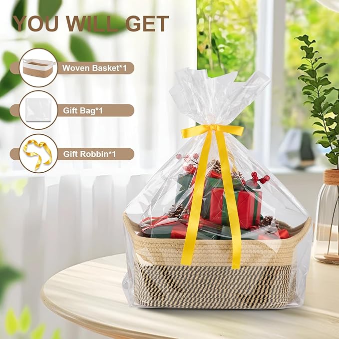 OIAHOMY Small Woven Rope Basket with Gift Bags and Ribbons, Gift Basket Empty for Baby Shower Birthday, Halloween, Christmas, Cute Cat Ear Handles for Shelf Living Room Bathroom, Grey & White