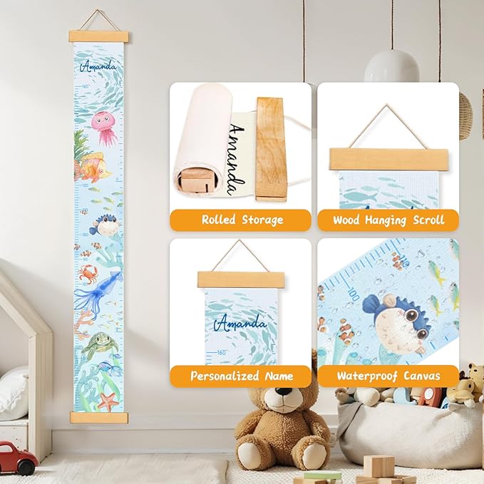 Personalized Name Growth Chart for Wall, Painted Marine Animals Canvas Height Chart for Kids Baby Child Toddler, Canvas Growth Chart for Wall Nursery Decor, Hangable & Waterproof
