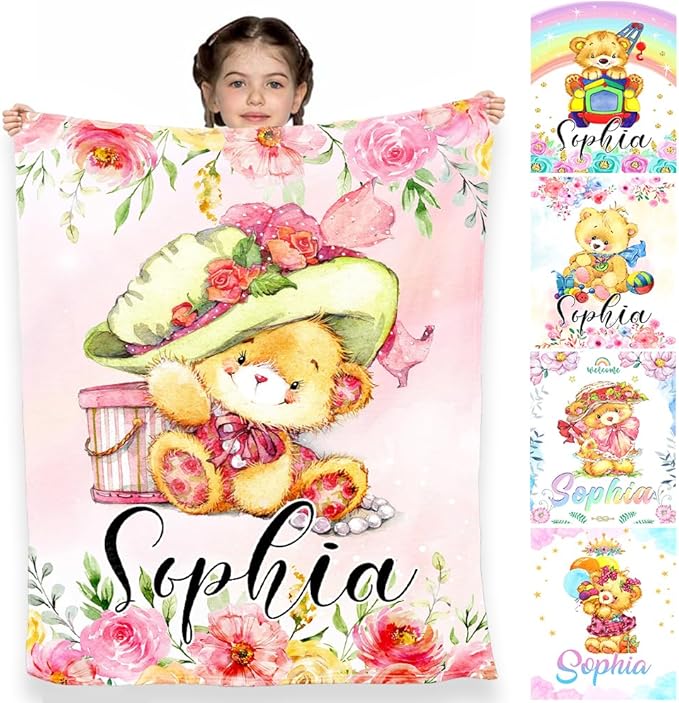 Ship Next Day, Personalized Baby Blankets with Name,Cute Little Bear Blankets for Kids,Super Soft Fleece Custom Baby Blanket for Boys,Girl, Personalized Gifts for Newborn