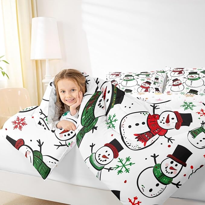 Feelyou Christmas Comforter Set All Season Snowman Bedding Set with 2 Pillow Cases Snowflake Microfiber Kids King Bedclothes Bedroom Decor Duvet Quilt Breathable Soft Lightweight