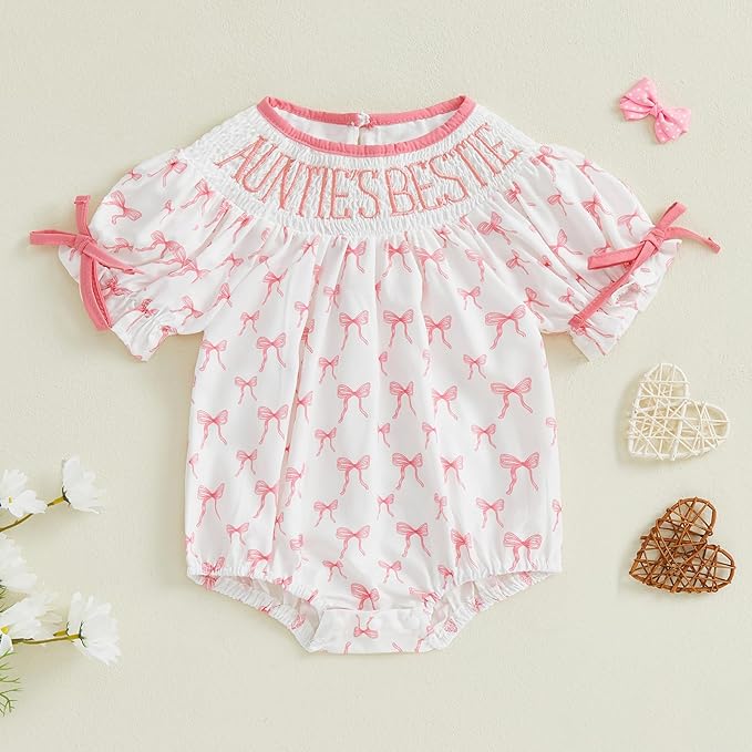 Newborn Baby Girl Romper Mamas Mini Bow Plaid Print Puff Sleeve Smocked Bubble Romper Jumpsuit Bodysuit Clothes