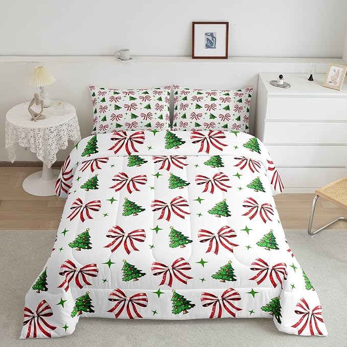 Manfei Merry Christmas Comforter Set Queen Size, Red Bow Green Tree Bedding Set 3pcs, New Year Theme Down Comforter for All Season, Kids Girls Room Decor, Lightweight Duvet Insert, 2 Pillowcases