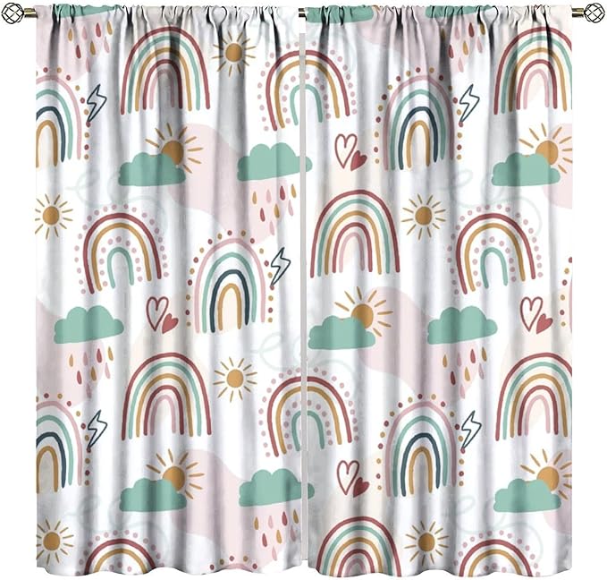 Kids Rainbow Curtains Boho Cartoon Colorful Stars Love Heart Lovely Abstract Art Pattern Print Window Drapes for Girl Bedroom Living Room Kitchen Decor,2 Panel Set,42Wx45H Inch Decor
