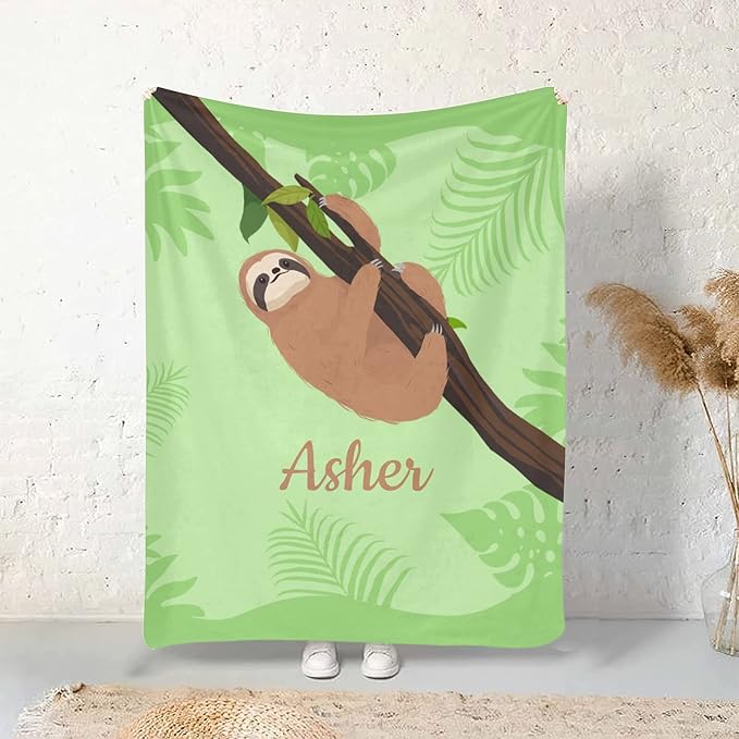 Sloth Green Personalized Receiving Sherpa Fleece Baby Blankets for Girls Boys Kids, Swaddle Blankets Gift for Newborn Crib Infants 30x40 Inches