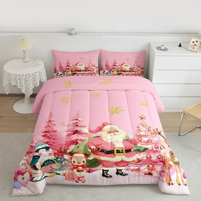 jejeloiu Merry Christmas Comforter Set Toddler Size Santa Claus Bedding Set for Kids Boys Girls Cute Deer Duvet Quilt Pink Bedroom Decor