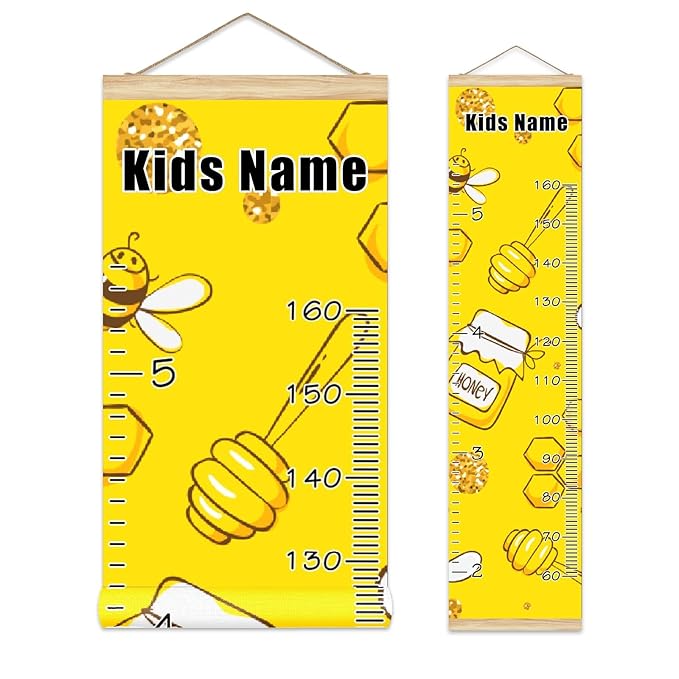 Personalized Kids Name Growth Chart Ruler for Wall Wood Frame Height Measure Chart 13.4x56 in Linen Hanging Height Growth Chart Yellow Cute Bees Pattern Kids Room Decor