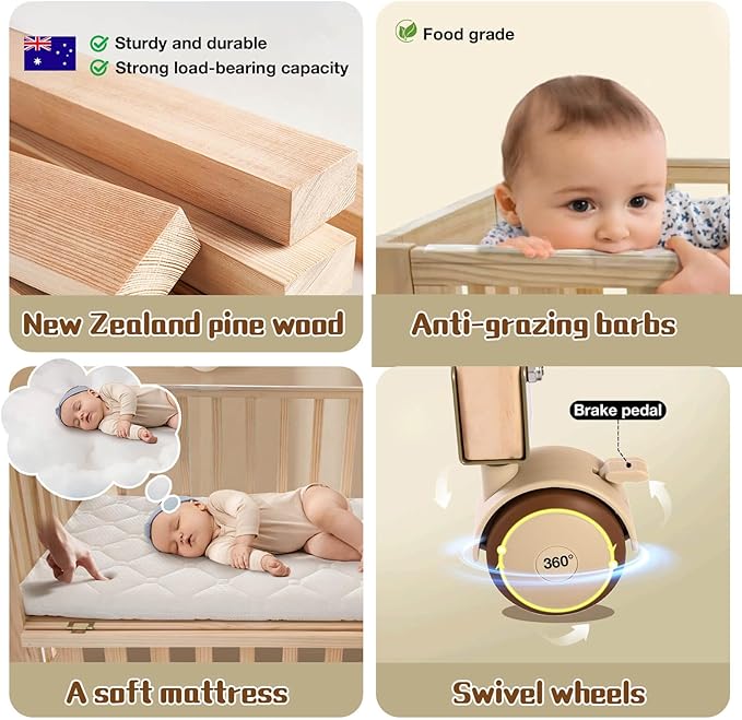 Portable Mini Baby Crib - Pine Wood Foldable 4-in-1 Baby Crib with Mattress,Portable Bedside Bassinet Sleeper,3 Adjustable-Height Baby Cribs for 0-18 Months,Unpainted