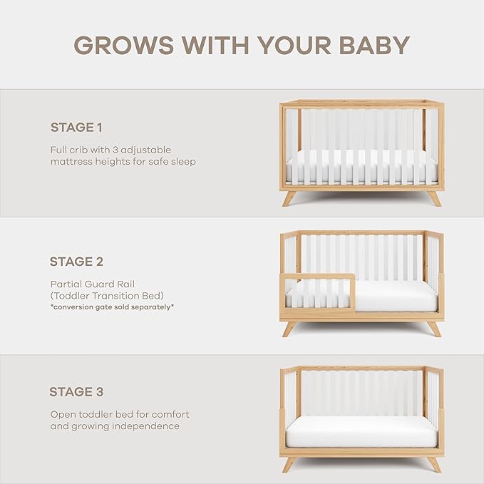 Comfy Cubs Baby Crib for 0 to 3 Years - Adjustable Mattress Height, Natural Wooden Crib for Baby, Elegant Nursery Furniture - 80 lbs Capacity Nursery Bed - White Bars with Natural Wood Frame and Legs