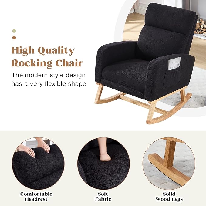 Rocking Chair Nursery, Nursing Rocking Chairs with Foot Rest for Mom Nursery, Rocker Glider Chair with High Backrest for Living Room, Bedroom, Black