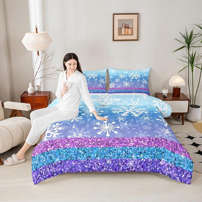 Feelyou Winter Snowflake Comforter Set All Season Glitter Print Bedding Set with 2 Pillow Cases Christmas Microfiber Kids Full Bedclothes Holiday New Year Bedroom Decor Duvet Quilt Soft Lightweight