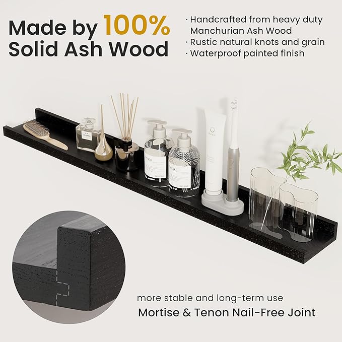 Solid Ash Wood Picture Ledge Shelf, 24 Inch Floating Shelves with Lip Set of 2, Picture Ledge Shelf, Photo Ledge Shelves Nursery Bookshelf Wall Mounted for Living Room Bedroom Decor, Black