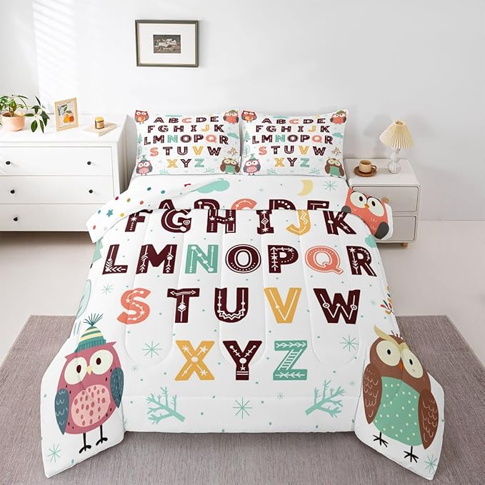 Feelyou Alphabet Kids ABC Learning Comforter Set Full Size Cartoon Owls Bedding Set for Kids Boys Girls Educational Nursery Art Duvet Quilt Wildlife Bedroom Decor 3 Pcs with 2 Pillow Cases