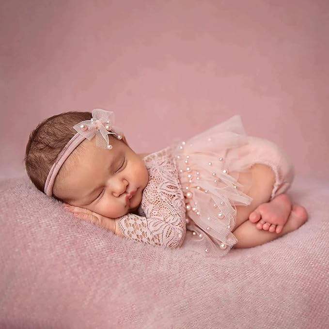 Newborn Lace Romper, 2 PCS Baby Girl Photography Props, Newborn Girl Photography Outfits with Flower Headband for Infants