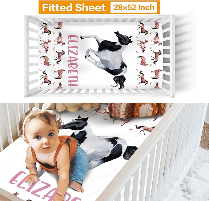 Custom Crib Bedding Set - Horse Design Personalized Name Baby Nursery Bedding 3 Pcs Set - Chic Soft Blanket, Sheet, Pillowcase for Newborns Boys Girls Gifts Color10
