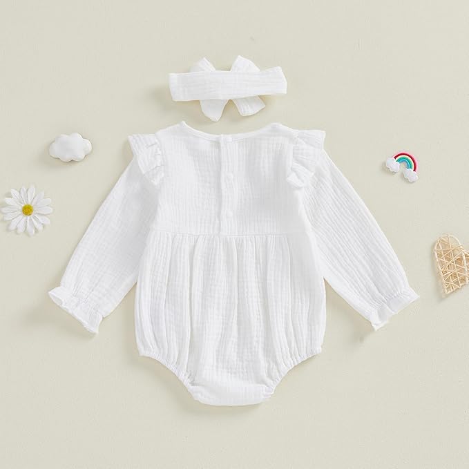 Newborn Infant Baby Girl Clothes Cotton Linen Long Sleeve Smocked Bubble Romper Ruffle Bodysuit Jumpsuit Fall Outfit