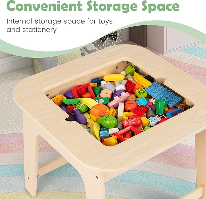 INFANS Kids Table and Chair Set, 3 in 1 Wooden Activity Table with Removable Tabletop, Blackboard and Whiteboard for Toddlers Arts Crafts Drawing Reading Playing, Playroom Nursery (Natural)