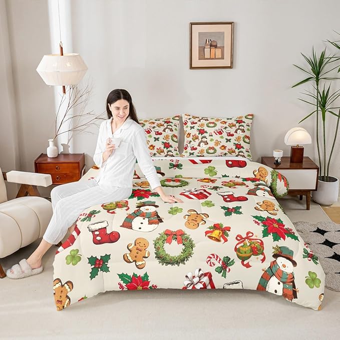 jejeloiu Merry Christmas Comforter Set Full Size Cute Snowman Bedding Set for Kids Boys Girls Gingerbread Man Duvet Quilt Beige Bedroom