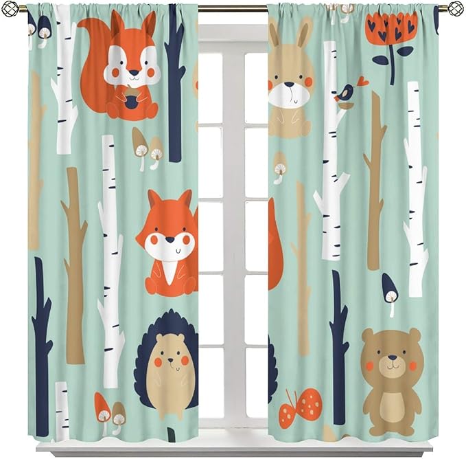 Cute Animals Curtains, Cartoon Fox Hedgehog Hare Forest Trees Blackout Window Treatments, Rod Pocket Thermal Insulated Drapes 2 Panel Sets for Kids Bedroom Nursery Classroom, 42" W X 63" L