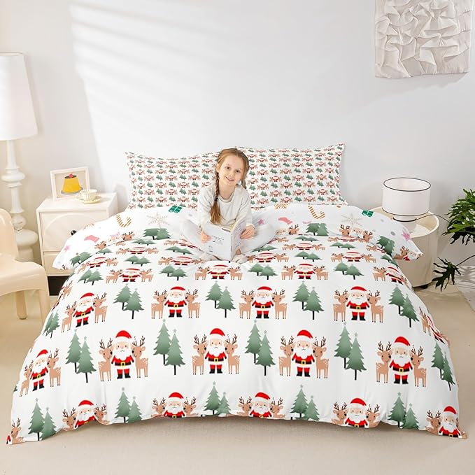 Christmas Duvet Cover Cartoon Santa Claus Bedding Set for Kids Boys Girls Teens Room Decor Cute Deer Christmas Tree Comforter Cover Set Xmas Theme Bedspread Cover 2Pcs Zipper Toddler Size