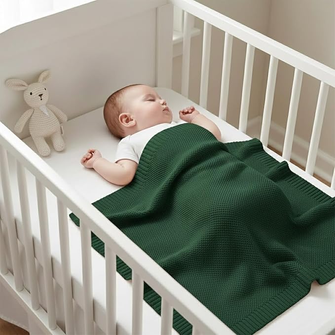 Baby Knit Blanket Soft Cotton Lightweight Newborn Blanket for Crib Stroller Toddler Nursery Shower Gift Cozy Breathable Travel Swaddle Wrap Green 36 x 28 Inches