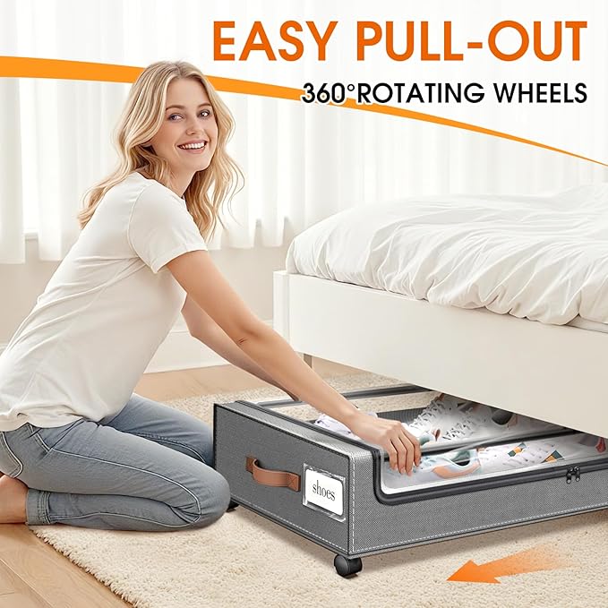 Under Bed Storage with Wheels 3Pack Underbed Storage with Clear Window&Label Under Bed Drawers Large Capacity Rolling Under Bed Storage for Clothes,Shoes, Blankets (Light Grey)