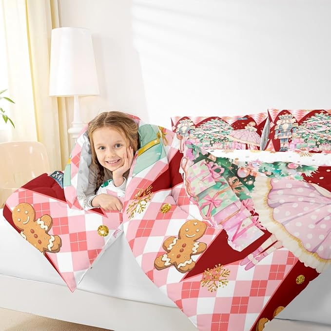 jejeloiu Christmas Nutcracker Comforter Set Full Size Gingerbread Man Bedding Set for Kids Boys Girls Xmas Tree Duvet Quilt Red Bedroom Decor