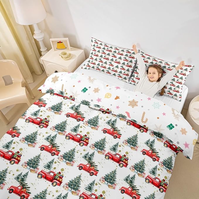 Feelyou Christmas Duvet Cover Boys Christmas Tree Bedding Set for Kids Teens Ultra Soft Cartoon Car Comforter Cover Set Watercolor Xmas Theme Bedspread Cover Room Decor Full Size Bedclothes Zipper