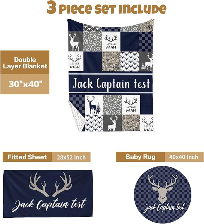 Custom Baby Crib Bedding Set, 3 Pcs Personalized Nursery Bedding Set with Name, Soft Baby Bedding Crib Set with Blanket - Toddler Crib Sets for Girl Boy, Infant Newborn Gift, Blue Woodland Deer