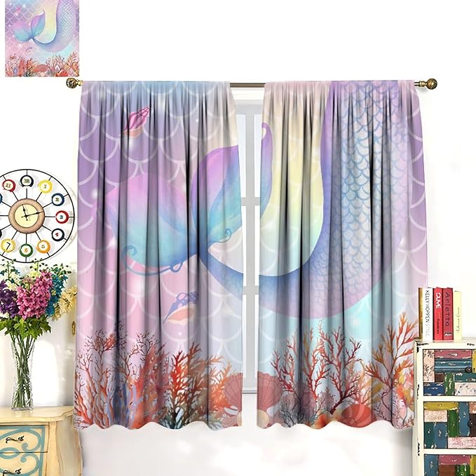 Dream Mermaid Curtains Colorful Mermaid Fish Tail Scale Fantasy Ocean Theme Beautiful Kids Window Treatment for Girls Bedroom Nursery Room Decor Rod Pocket Window Drapes 42x45in