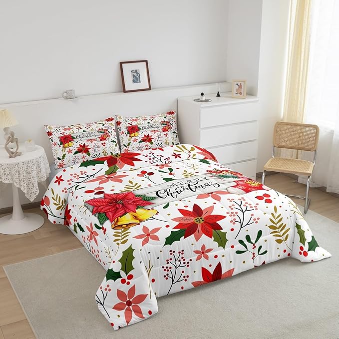 Castle Fairy Merry Christmas Comforter Set King Size,Red Xmas Flowers Berry Leaves Plant Bedding Set All Season Quilt Set,Floral Themed Bell Socks Print Microfiber Polyester Down Comforter