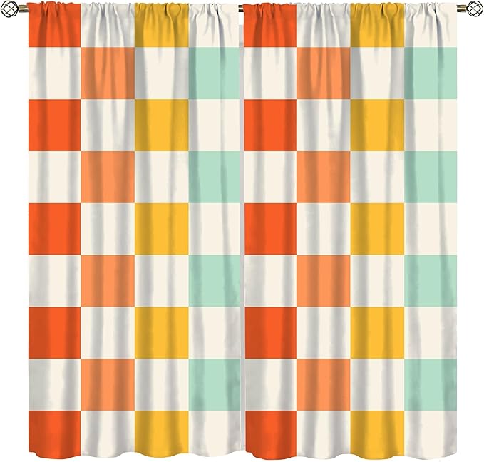 70s Retro Curtains,Cute Green Pink Yellow Checkered Hippie Window Treatments for Kids Girl Bedroom Window 84"" W X 84"" L, Style-7