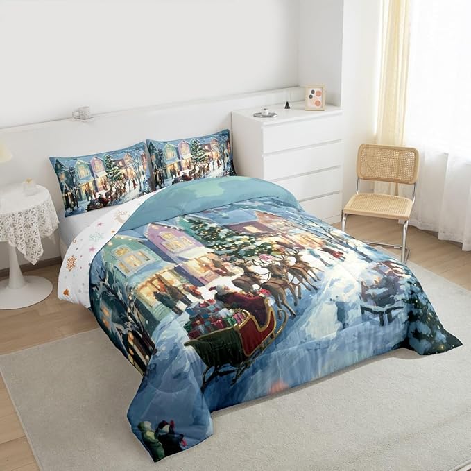 Feelyou Watercolor Christmas Comforter Set King Size Santa Claus Bedding Set for Kids Boys Girls Reindeer Sled Duvet Quilt Xmas Tree Bedroom Decor Microfiber 3 Pcs with 2 Pillow Cases