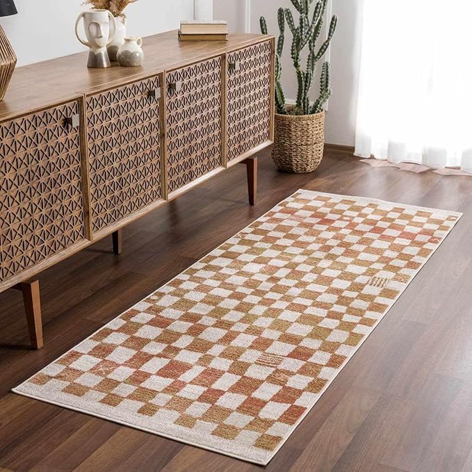 Hauteloom Pertek Modern Checkered Area Rug - Modern Geometric Carpet for Living Room, Kids Room, Nursery - Bohemian Boho Carpet - Cream, Beige, Light Red, Somon - 7'10" x 10'