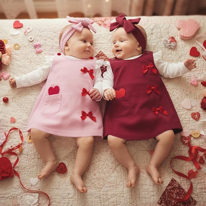 FIOMVA My First Valentines Day Outfit Clothes Baby Girl Romper Love Onesie Heart Embroidery Overalls Suspender Dress Set
