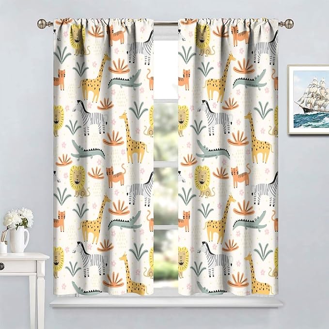 Wild Animals Curtains, Cute Cartoon Animals Zoo with Lion Zebra Crocodile Cat and Giraffe Tropical Jungle Plant Print Window Treatments for Kids Boys Girls Bedroom Living Room 84x84in