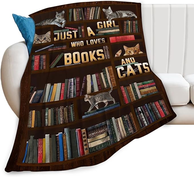 Cute Cat Themed Blanket Just a Girl Who Loves Books and Cats Throw Blankets for Kids Adults Lovers Warm Soft Plush Funny Animal Stuff Fleece Flannel Throws Reading Gifts for Girls Women 50"x40"