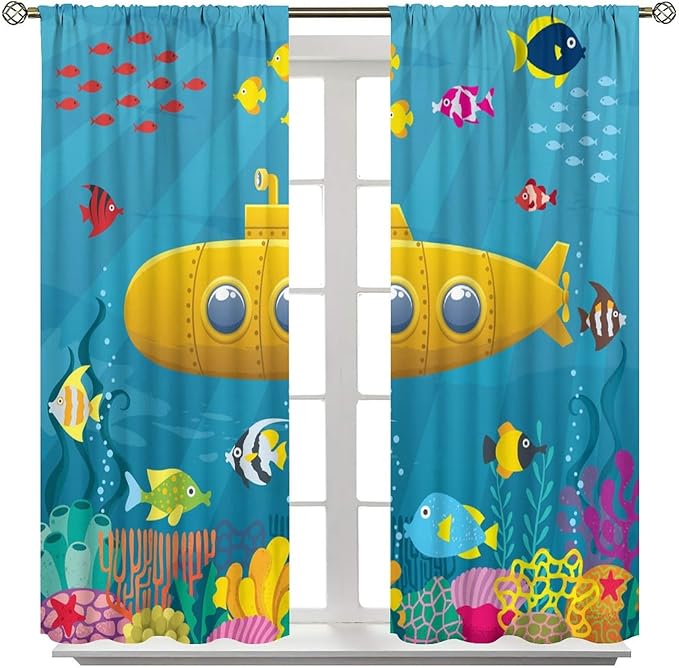 Boy Window Curtains Submarine Window Drapes Yacht Window Treatments Underwater World Oasis Thermal Drapes for Kids Girls Toddler Teens Room Dorm Decor Set 2 Panels,42x54 Inches
