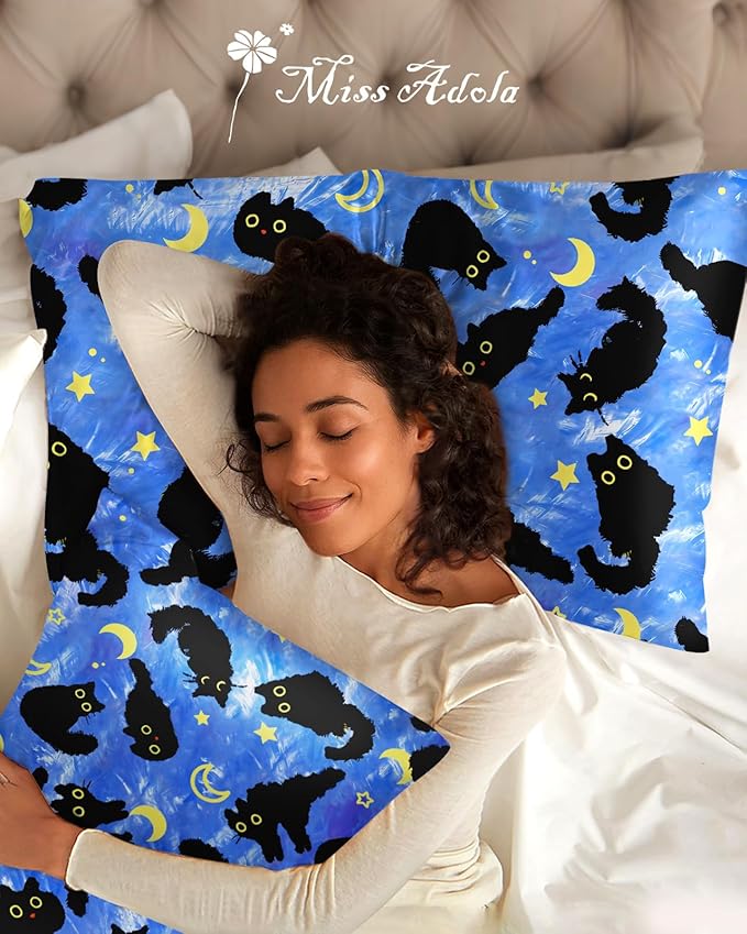 Silk Pillowcase 2 Pack - Pillow Cases 20" x 30" Queen Size Set of 2 for Hair and Skin Smooth Soft Breathable with Hidden Zipper Cooling Pillow Covers for Sleeping,Blue Moon Cat