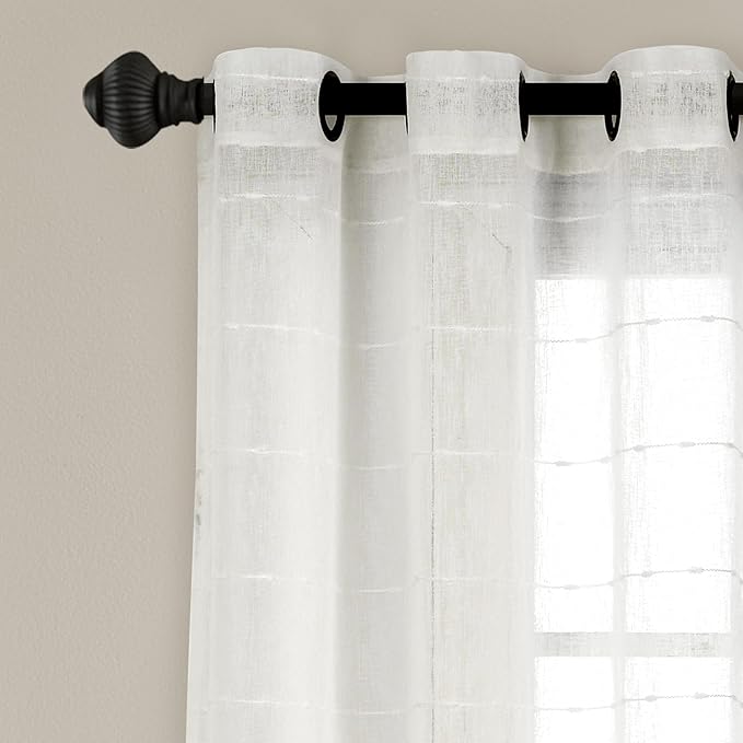 Lush Decor Farmhouse Textured Grommet Sheer Window Curtain Panel Pair, 38"W x 63"L, White