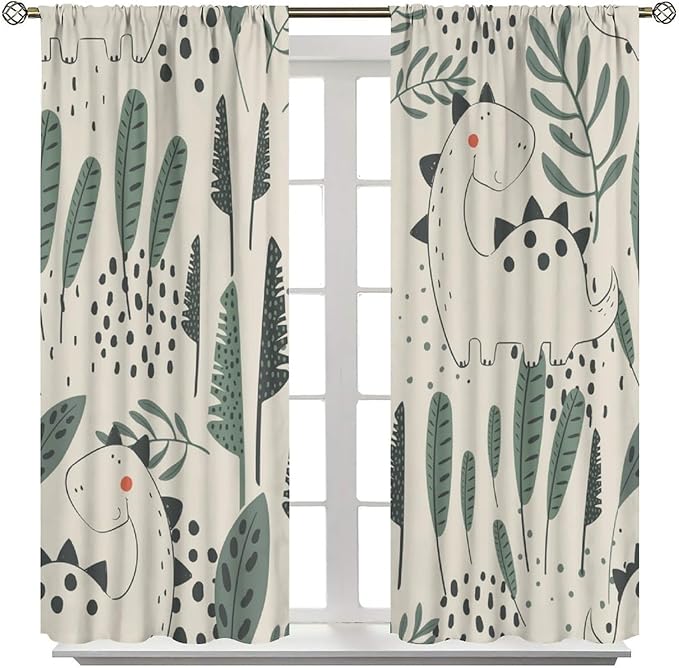 Dinosaur Curtains, Cute Dino Tropical Leaves Plant Beige Green Blackout Window Treatments, Rod Pocket Thermal Insulated Drapes 2 Panel Sets for Children Bedroom Nursery Classroom, 63" W X 63" L