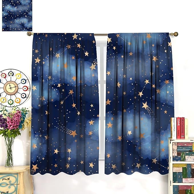 Starry Sky Blackout Curtains, Starry Scenery Blue Night Sky Stars Window Drapes for Kids Boys Girls Bedroom Living Room 63" W X 63" L