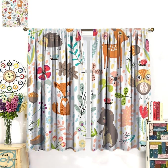 Jungle Animals Curtains, Cute Cartoon Animals Branches Blackout Window Treatments, Rod Pocket Thermal Insulated Drapes 2 Panel Sets for Kids Bedroom Nursery Classroom, 42" W X 54" L