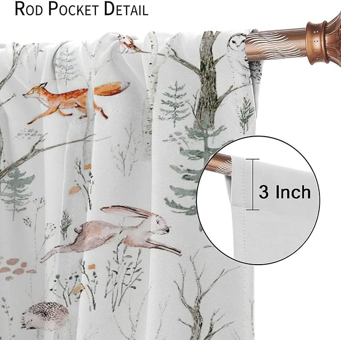 Rustic Forest Window Curtains, Watercolor Woodland Animals Owl Hedgehog Fox Butterfly Forest Squirrel and Bear Blackout Windows Door Curtain for Bedroom Living Room Home Decor 63x72in