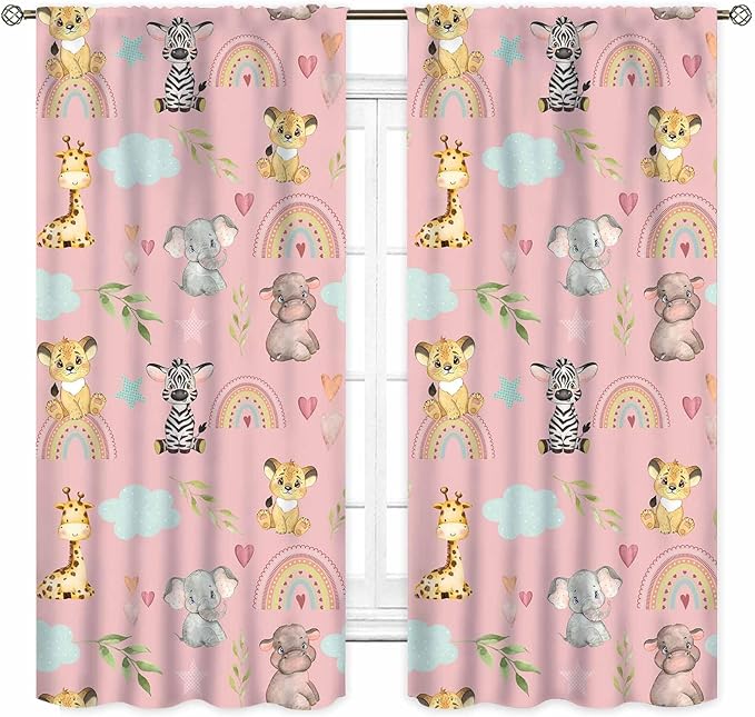 Kids Safari Animals Curtains, Cartoon Giraffe Elephant Monkey Woodland Jungle Pink Window Drapery Treatments for Boys Girls Baby Living Room Bedroom Nursery Classroom 2 Panels, 42"x54" Inch
