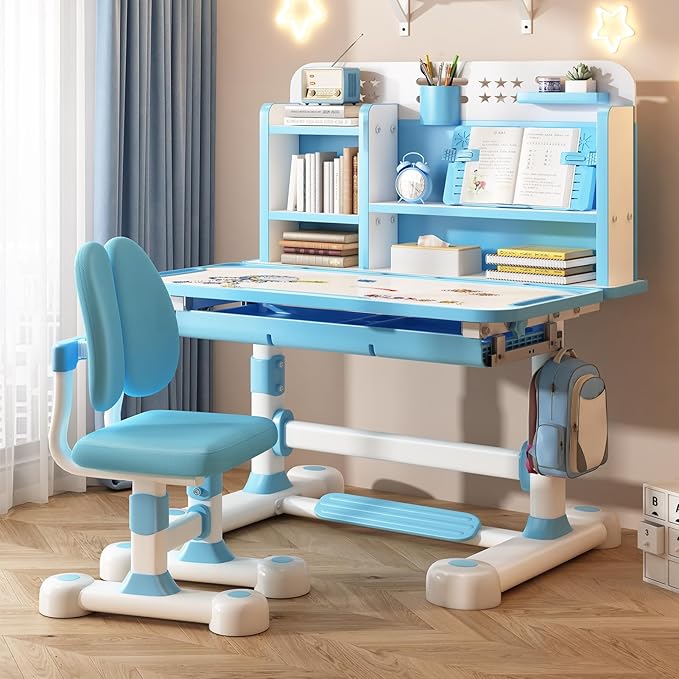 Upgraded Kids Desk and Chair Set,50 Degree Tiltable&Height Adjustable Ergonomic Study Table with Posture Corrector & Dual Back Support, 3-18 Years Adjustable Children's Desk Set with Storage Blue