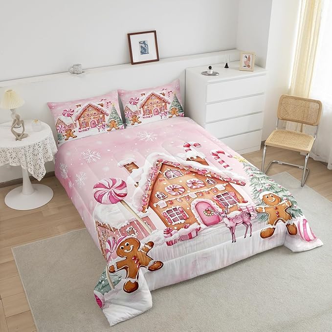 Gingerbread House Kids Comforter Set Full Size,Gingerbread Man Xmas Tree Cabin Deer Bedding Set,Girls Women Room Decor,Christmas Snowflake Down Comforter,Pink Brown Duvet Insert,2 Pillowcases